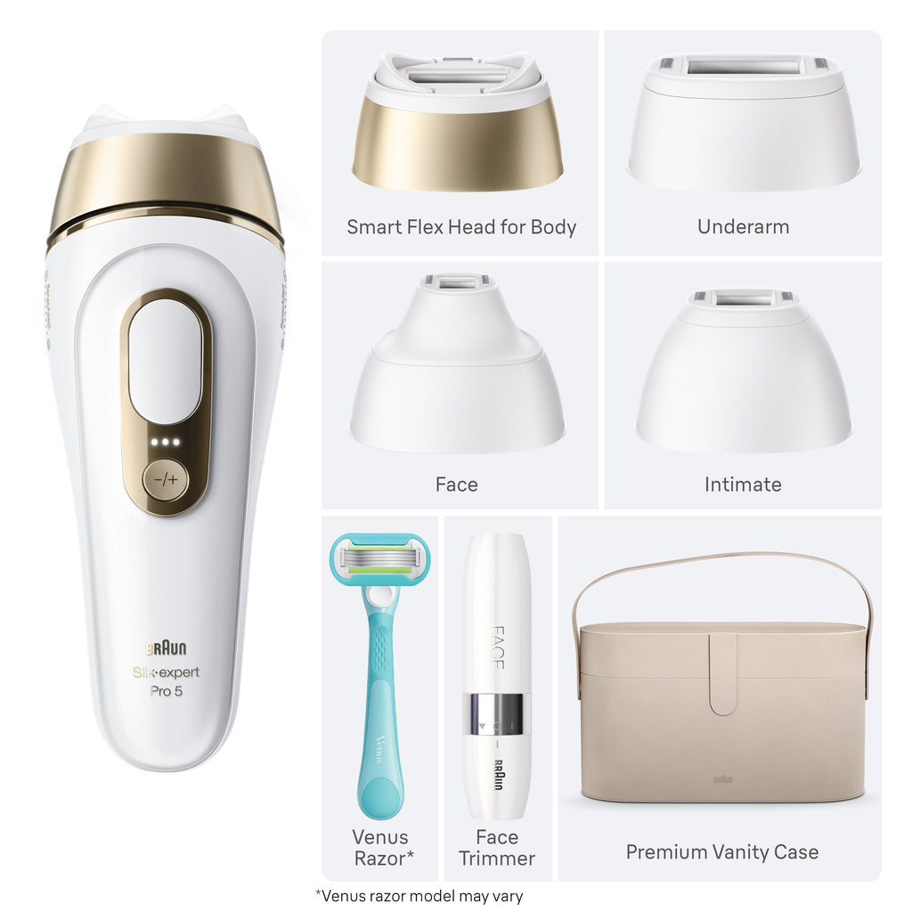 Braun Smart IPL Silk·Expert Pro 5: At Home Alternative to Laser Hair Removal with 4 Caps Facial Hair Trimmer and Vanity Case IPL5442
