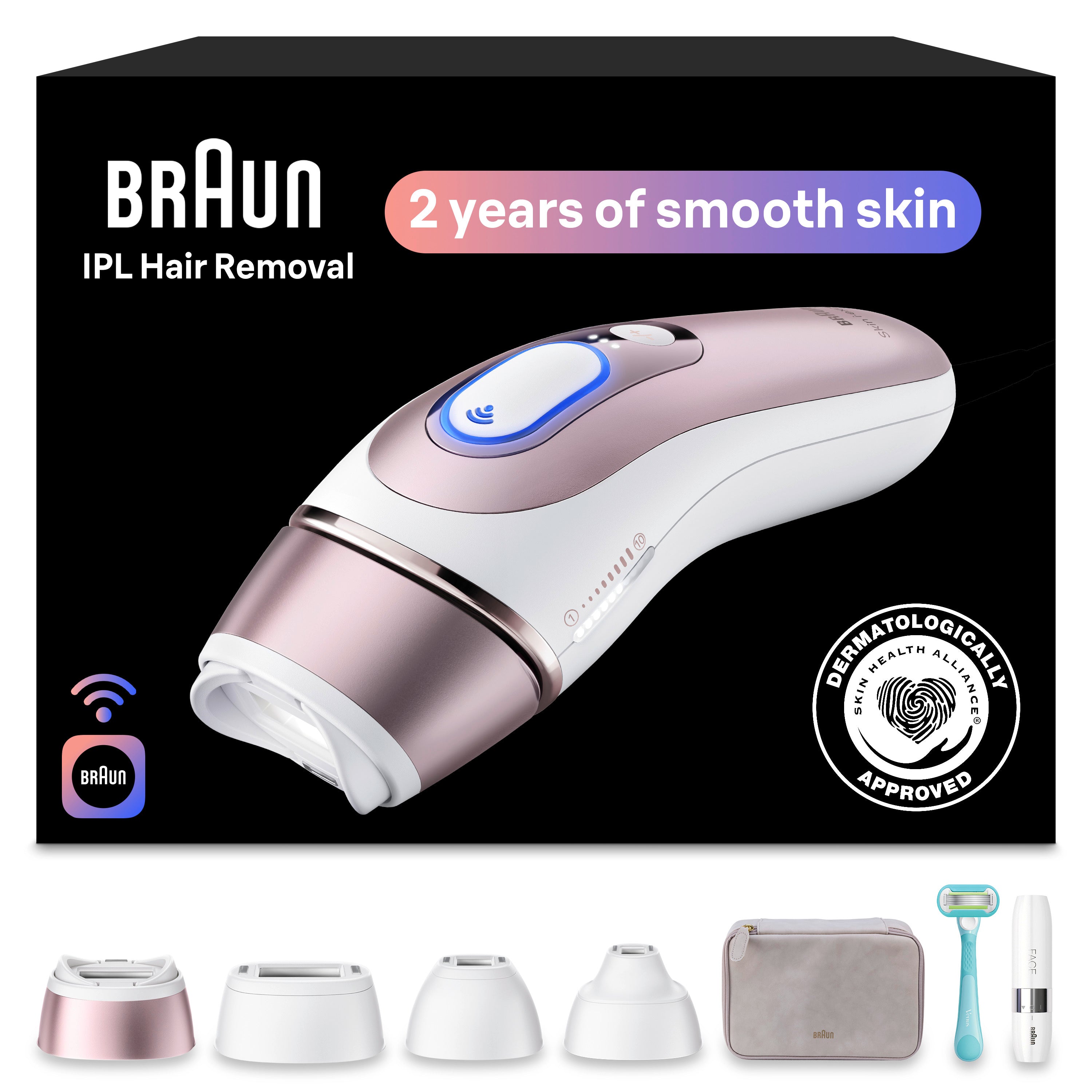Braun Smart IPL Skin i·Expert Pro 7: At Home Alternative to Laser Hair Removal with 3 Caps Facial Hair Trimmer and Leather Pouch IPL7219